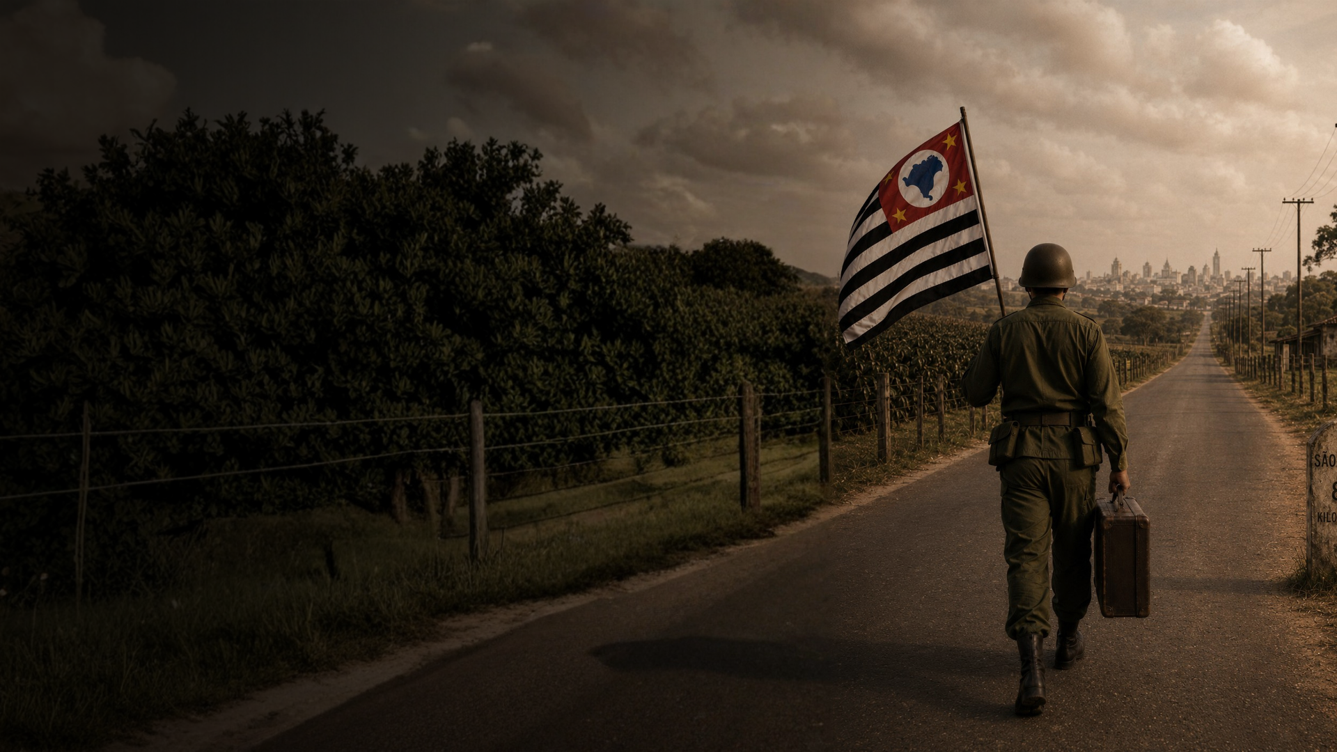 Soldado carregando a bandeira de São Paulo durante a Revolução Constitucionalista de 1932